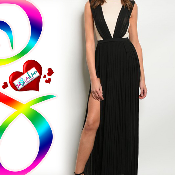 BLACK BEIGE SLIT HEM MAXI DRESS @LAST ONE - Picture 2 of 6